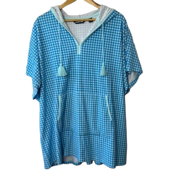Lands End Blue Check Hooded Swim Cover-Up Tassel Strings Pouch Pocket LP-XLP - Picture 1 of 5